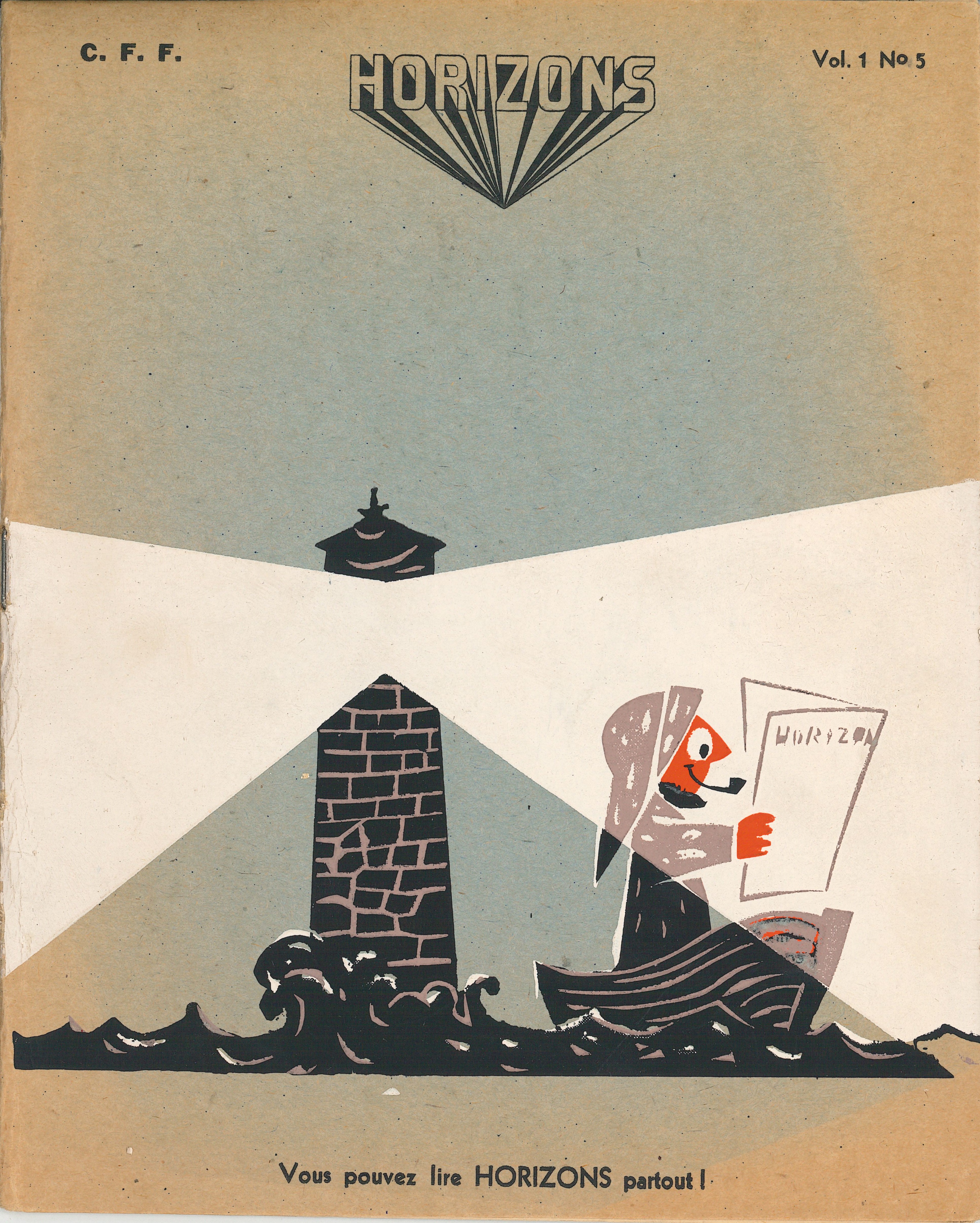 Cover of Horizon issue (September 1956): illustration shows a cartoon of a man sitting by a lighthouse reading Horizon