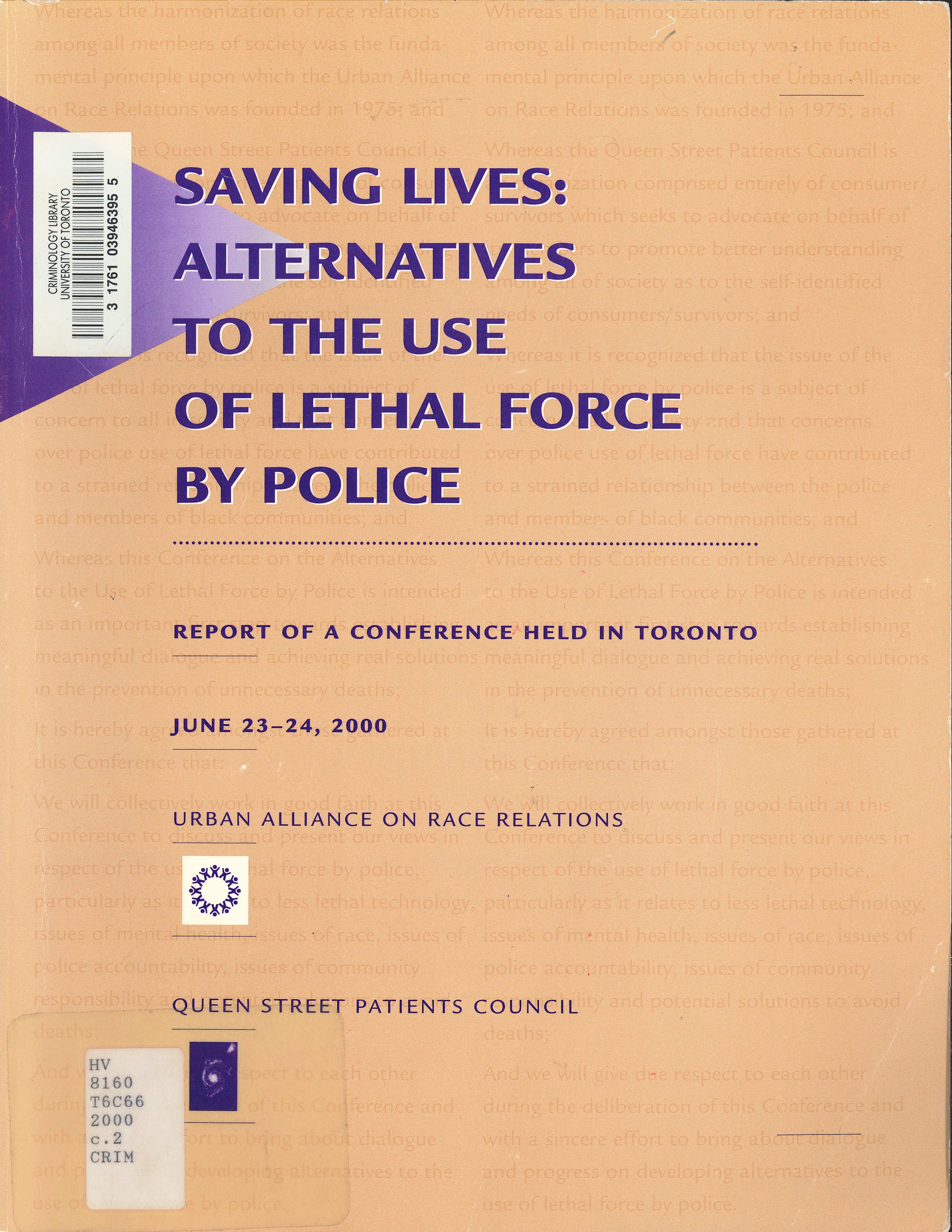 Cover of "Saving lives- alternatives to the use of lethal force by police" (2002)