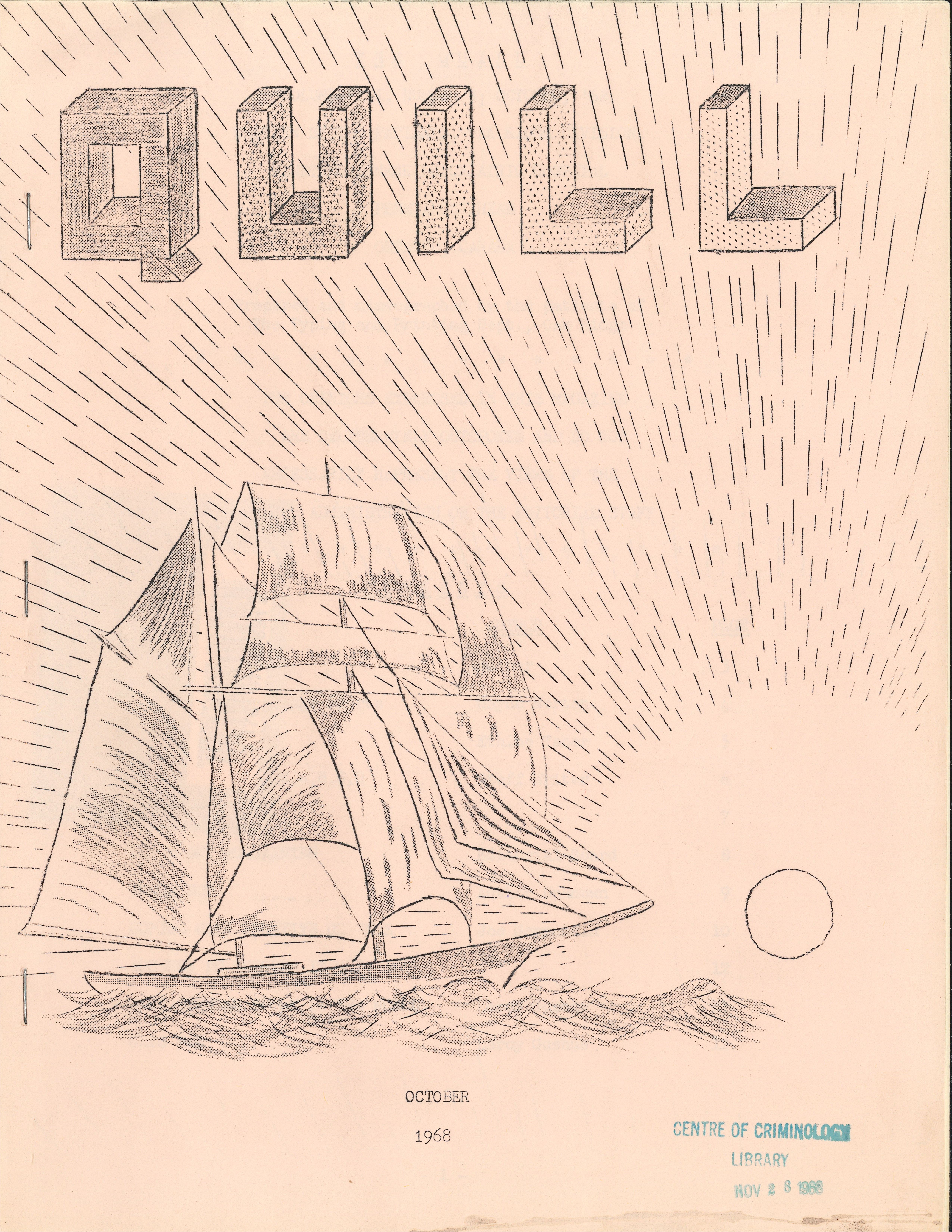 Cover for the October 1968 issue of The Quill, with a sketch of a large ship sailing across open water towards a rising or setting sun. 