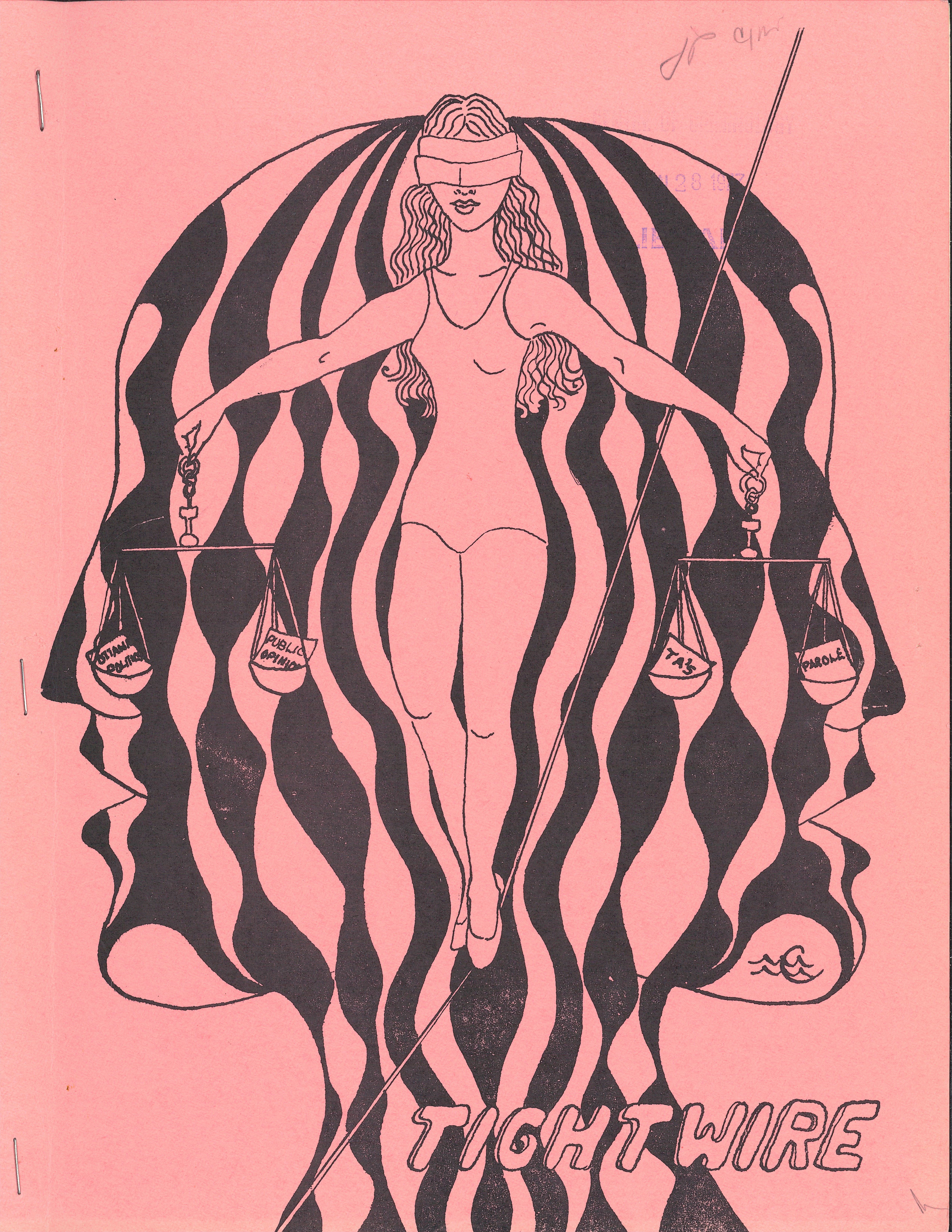 Cover for the November/December 1976 issue of Tightwire, with a drawing of a blindfolded women walking across a tightrope. The women holds balancing scales in both hands. In her right-hand the scales are balancing “Ottawa Politics” and “Public Opinion”, in her left hand the scales are balancing “TA’s” and “Parole”.  