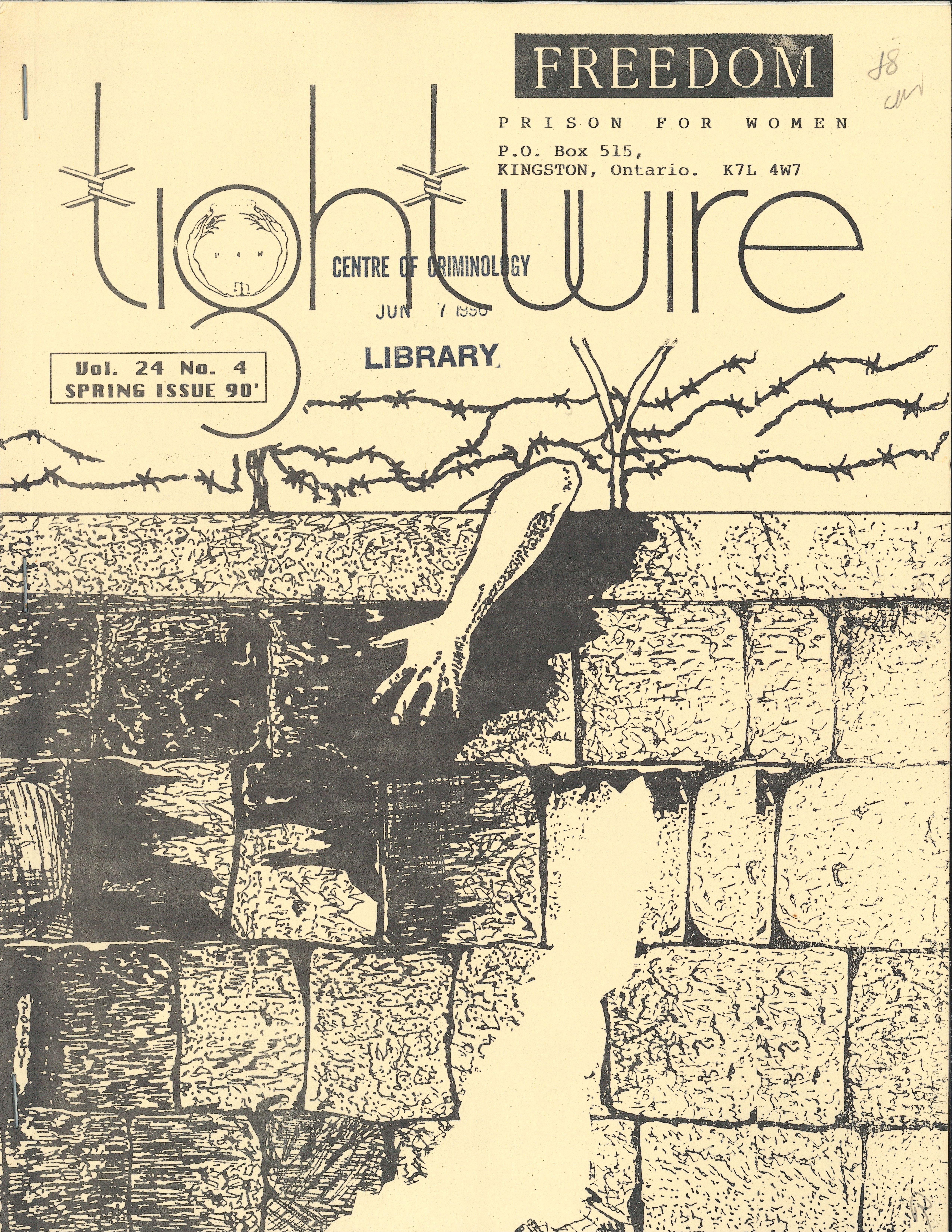 Cover for the Spring 1990 issue of Tightwire, with a drawing of an arm combing over a brick wall topped with barbed wire.  