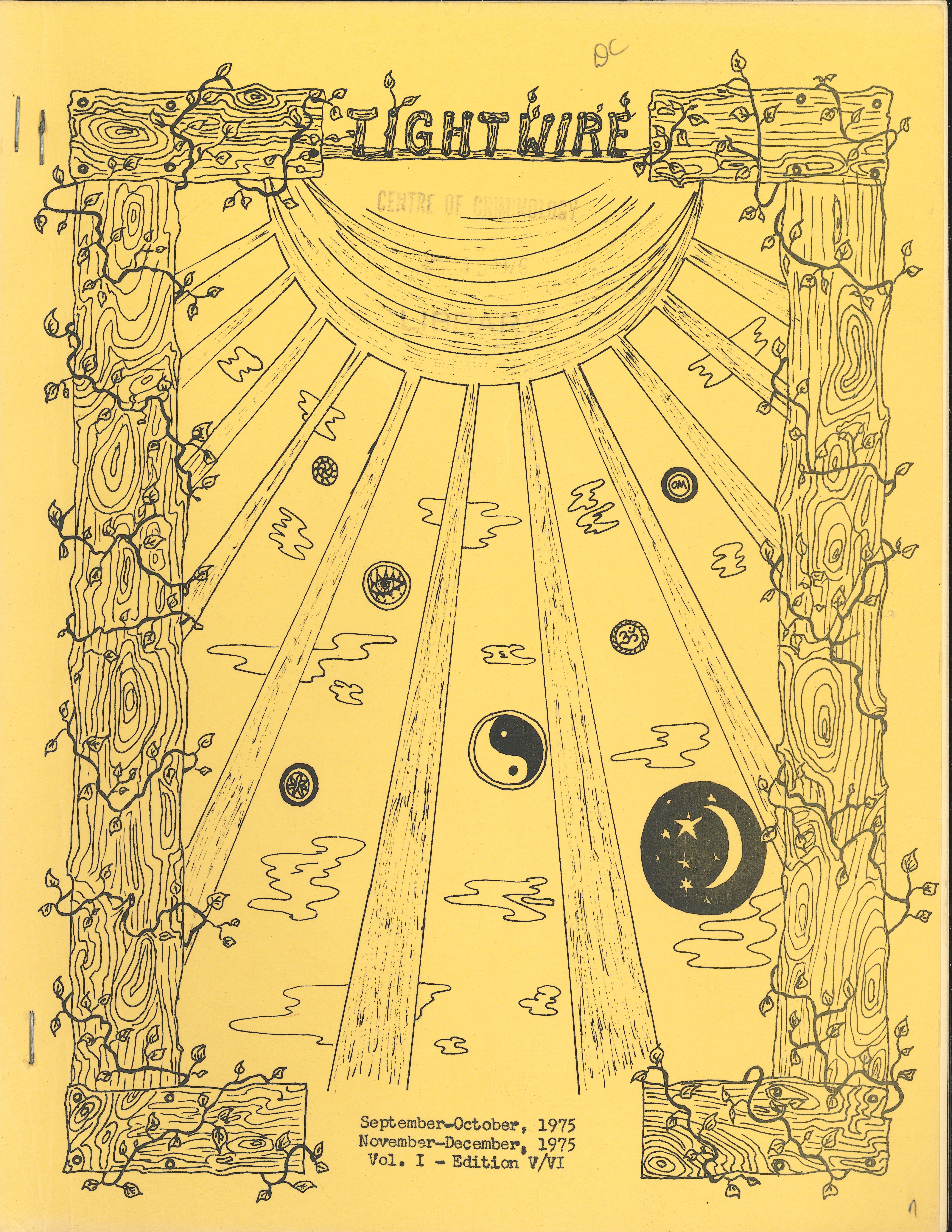 Cover for the September - December 1975 issue of Tightwire. A drawing of wood and vines frames the cover, with a large sun in the centre.  